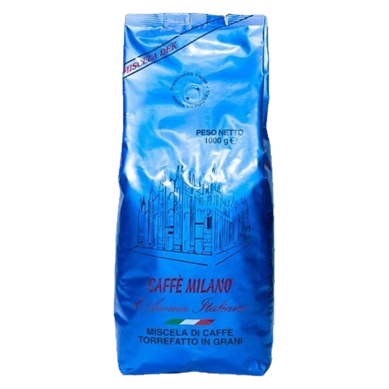 حبوب قهوة كافيه ميلانو ميسكيلا ديك - 1 كجم (شفافة) Caffè Milano Miscela Dek Coffee Beans 1kg front package
